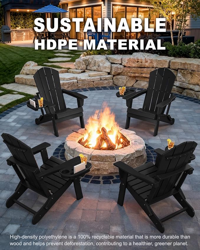 Adirondack Chair Set of 4, HDPE Folding Adirondack Chair with Multifunctional Cup Holder, Weather Resistant Fire Pit Chair for porches, patios, poolsides, Decks.