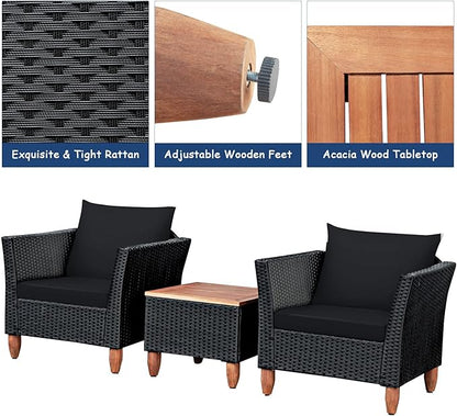 COSTWAY 3 Pieces Patio Rattan Furniture Set, Outdoor Wicker Conversation Chairs Set with Acacia Wood Coffee Table & Washable Cushion, Porch Furniture Bistro Set for Balcony, Garden, Backyard, Black