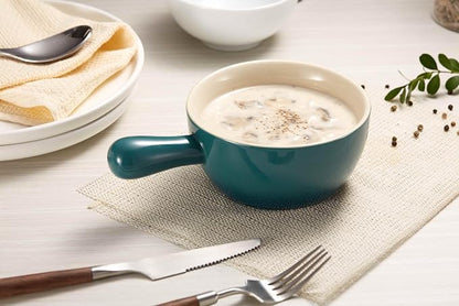 Kook French Onion Soup Crocks, Stackable Ceramic Bowls with Handles, Broil, Oven, Microwave and Dishwasher Safe, for Cereal, Soups, Casseroles, with Handle, 24 Oz, Set of 4, Teal Ombre