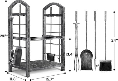 AMAGABELI GARDEN & HOME Firewood Rack Indoor with Tools 5-Piece Fireplace Tools Set Wood Holder Wrought Iron Log Holder Firewood Storage Rack for Fireplace,Fire Pit,Wood Stove Antique Silver