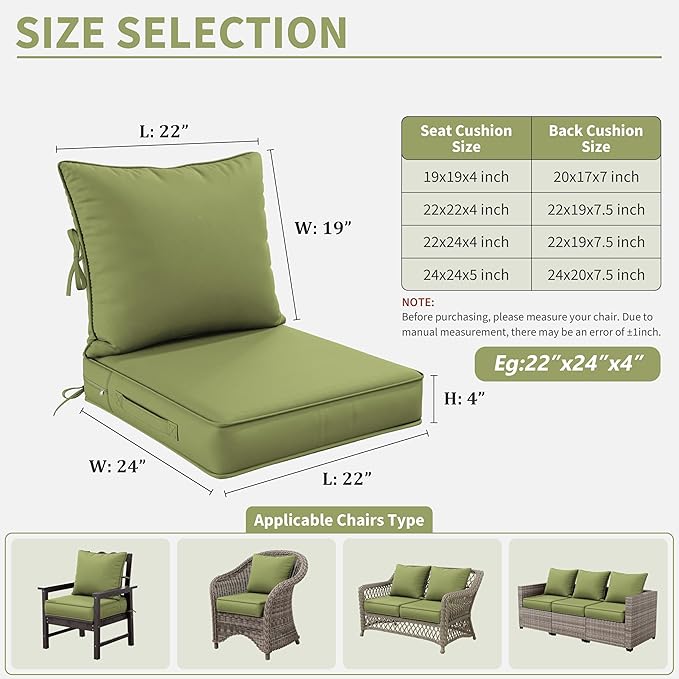 Premium Outdoor Seat Cushion Chair Cushions for Patio Furniture 22 L X 24 W X 4 H Waterproof & Fade Resistant Deep Seat and Backrest Cushion Set with Removable Covers for Chair, Sofa