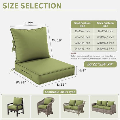 Premium Outdoor Seat Cushion Chair Cushions for Patio Furniture 22 L X 24 W X 4 H Waterproof & Fade Resistant Deep Seat and Backrest Cushion Set with Removable Covers for Chair, Sofa