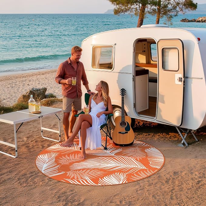 Pauwer Waterproof Outdoor Rug 6ft, Reversible Plastic Straw Patio Camping Rug, Indoor Outdoor RV Mat Carpet for Deck, Camper, Porch, Balcony, Backyard, Picnic, Leaf Orange
