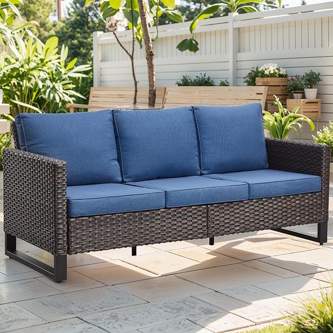 Rilyson Wicker Outdoor Couch Patio Sofa - 3 Seater Rattan Outdoor Patio Couch with Waterproof Wicker,Comfortable Cushions and Sturdy Metal Frame for Outside Porch Deck Backyard Garden(Brown/Blue)