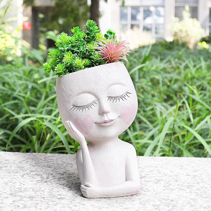 Large Face Flower Pot Head Planter for Indoor and Outdoor Cute Plant Pots with Drainage Hole Resin Cactus Plant Holder Succulent Pots for DIY