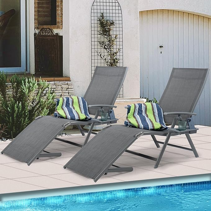Kozyard Cozy Aluminum Reclining Lounge Chair - Perfect for Beach, Yard, Pool, Deck, and Patio - Outdoor Chaise Lounge with Drink Holder, Weather Free, Adjustable - Assemble-Free (2 Pack, Gray)