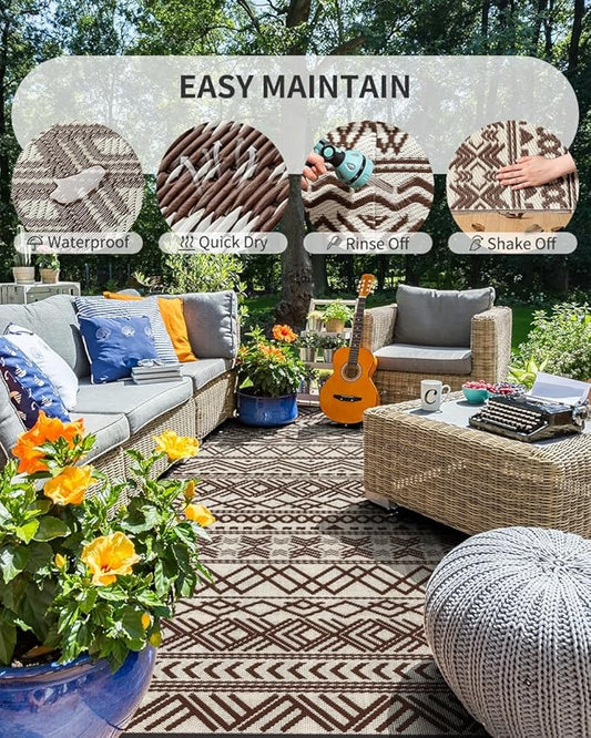 MontVoo Outdoor Rug 8x10 Waterproof Outdoor Patio Rug Mat Reverisble Plastic Straw Outdoor Rug for RV Camping Picnic Beach Balcony Boho Beige Brown