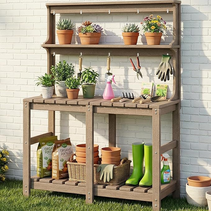 Outdoor Potting Bench with 3 Tier, All-Weather Patio Potting Table with Tool Hooks, HDPE Gardening Table for Backyard, Garden, Brown