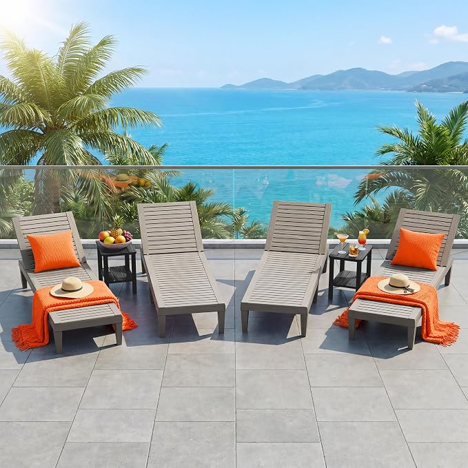 Outdoor Lounge Chairs Set of 4, 5-Position Adjustable Tanning Chairs with Wood Grain, All-Weather Resin Patio Recliners for Pool, Garden, Deck, Beach, Patio Lounge Chairs, Texture Grey