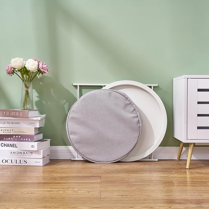 VECELO Round Side/End Table with Fabric Storage Basket，Metal Anti-Rust and Waterproof Small Bedside Nightstand with Removable Tray Top for Living Room，Balcony & Laundry，Beige/2pcs with Basket