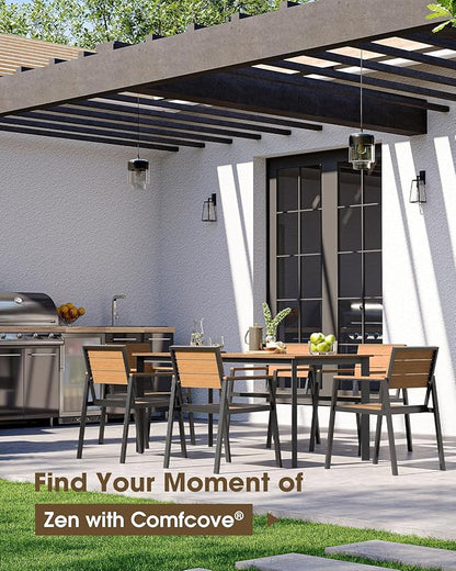 Outdoor Patio Dining Table, Aluminum & HDPE Outdoor Table with Umbrella Hole, All-Weather for Deck, Garden, Lawn, Backyard, Poolside and Indoor Use (Gray & Teak)