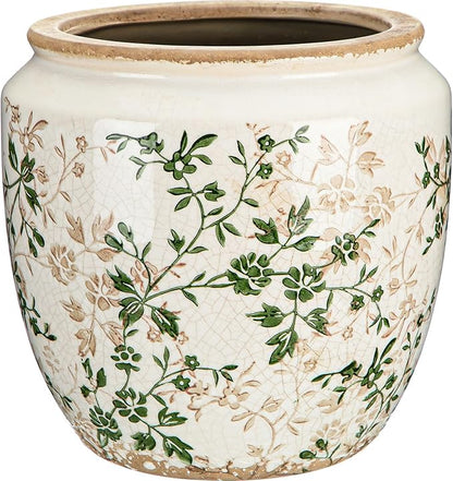 LemonRoad 7 Inch Large Vintage Ceramic Planter with Drainage Holes Ice Crackle Flower Vase Flower Pot with Rustic Greenery Pattern for Indoor Outdoor Plants Garden Home Kitchen Office Shelf Decor