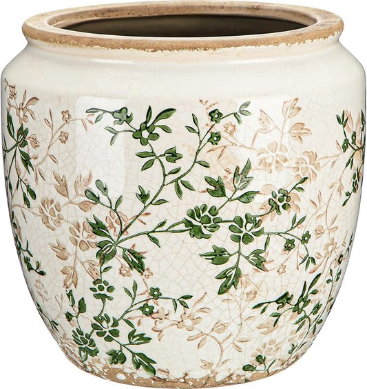 LemonRoad 7 Inch Large Vintage Ceramic Planter with Drainage Holes Ice Crackle Flower Vase Flower Pot with Rustic Greenery Pattern for Indoor Outdoor Plants Garden Home Kitchen Office Shelf Decor