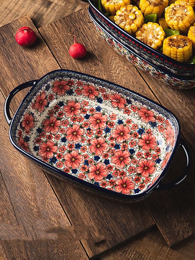 Vintage Style Pottery Bakeware Ceramic Casserole Dish Baking Pan Lasagna Pans Baking Dish with Handles for Oven/Cooking/Kitchen-1 PCS, Large Capacity, 60 OZ