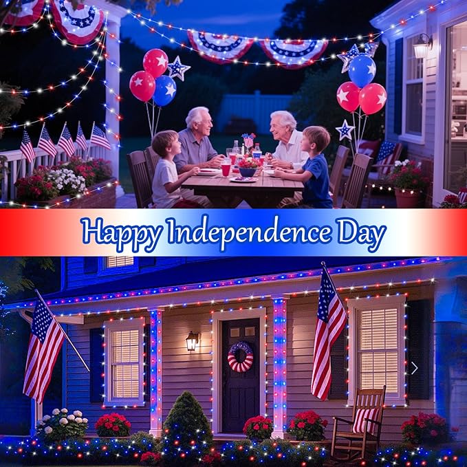 btfarm 2 Pack Red White and Blue Solar Fairy Lights, 4th of July Solar String Lights Outdoor Waterproof, 160LED 66FT Memorial Independence Day Patriotic Decorations for Outside Tree Garden Patio Yard