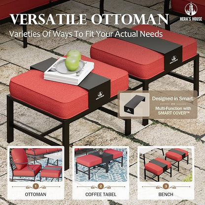 HERA'S HOUSE 7 Piece Patio Furniture Set, 4 x Leg Chair, 2 x Cushioned Ottoman, 1 x 3-Seat Sofa, All Cushioned 9 Seats Metal Outdoor Conversation Set for Lawn Garden Backyard