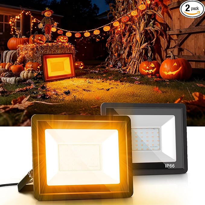 L LOHAS LED Orange Christmas Halloween Flood Light Outdoor, 𝑨𝒖𝒕𝒐 𝑶𝑵/𝑶𝑭𝑭 50W Plug in Flood Lights, IP66 Waterproof 2300lm Outdoor Lights for Yard, Garage, Party, UL Listed, 2 Pack