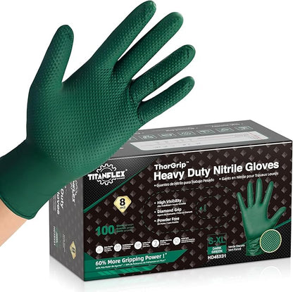 TitanFlex Heavy Duty Industrial Nitrile Gloves with Raised Diamond Texture, 8-mil, Latex Free (Green/Dark Green/Yellow)