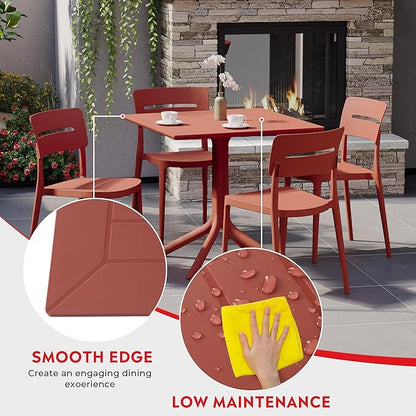 Costaelm 5 Piece Patio Furniture Set, HDPE Patio Square Bistro Table and Stackable Chairs Sets for 4, Outdoor Furniture All Weather for Backyard Poolside, Red