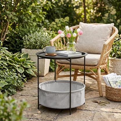 VECELO Round Side/End Table with Fabric Storage Basket，Metal Anti-Rust and Waterproof Small Bedside Nightstand with Removable Tray Top for Living Room，Balcony & Laundry，Black /1pcs with Basket