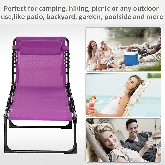 Outsunny Folding Chaise Lounge Chair, Patio Sun Tanning Chair, Outdoor Chaise Lounger with 4-Position Reclining Back, Breathable Mesh Seat for Beach, Poolside, Yard, Purple