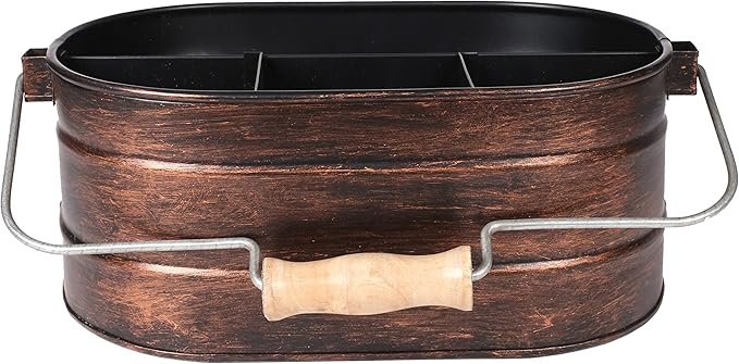 Galvanized Metal Caddy with 4 Compartments, Rustic Farmhouse Kitchen Indoor Outdoor Picnic Utensil Holder, Multipurpose Storage Bin, Metal Garden Planters - 12 Inch - Copper Antique