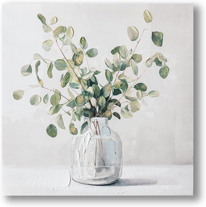 Eucalyptus Hand painted Canvas Wall Art, Eucalyptus Plant Painting Art Decor,Sage Green Botanical Canvas Print,Bathroom Pictures Rustic Wall Decor.Nature Flower Painting Artwork for Bedroom 12"x12"