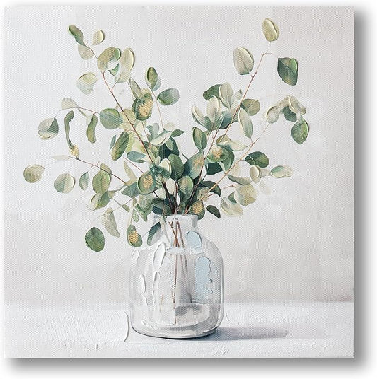Eucalyptus Hand painted Canvas Wall Art, Eucalyptus Plant Painting Art Decor,Sage Green Botanical Canvas Print,Bathroom Pictures Rustic Wall Decor.Nature Flower Painting Artwork for Bedroom 12"x12"