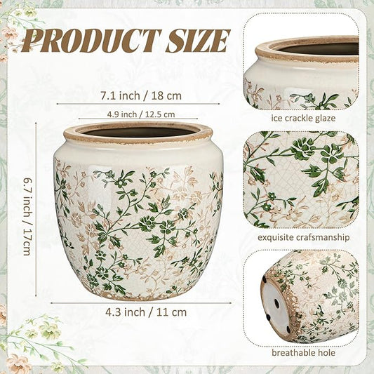 LemonRoad 7 Inch Large Vintage Ceramic Planter with Drainage Holes Ice Crackle Flower Vase Flower Pot with Rustic Greenery Pattern for Indoor Outdoor Plants Garden Home Kitchen Office Shelf Decor
