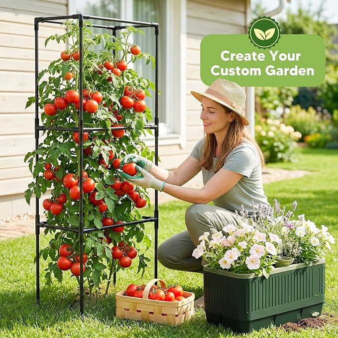 Raised Garden Bed with Tomato Cages，52"/4.3ft Tomato Planter with Trellis,Adjustable Height,Self Watering Planter Box for Vegetables & Climbing Plant Indoor Outdoor Balcony Patio (1)