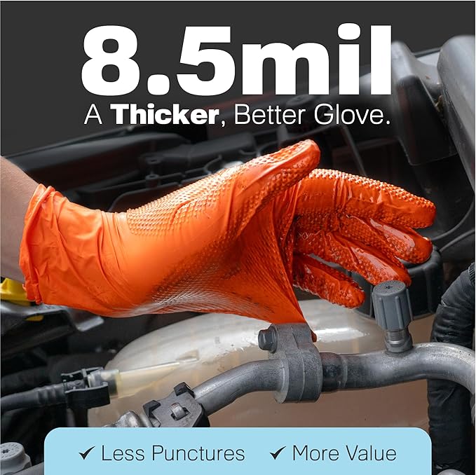 Raxwell Orange Nitrile Gloves 8.5 Mil - Powder-Free Puncture-Resistant Protection - Diamond-Texture Work Gloves with Grip
