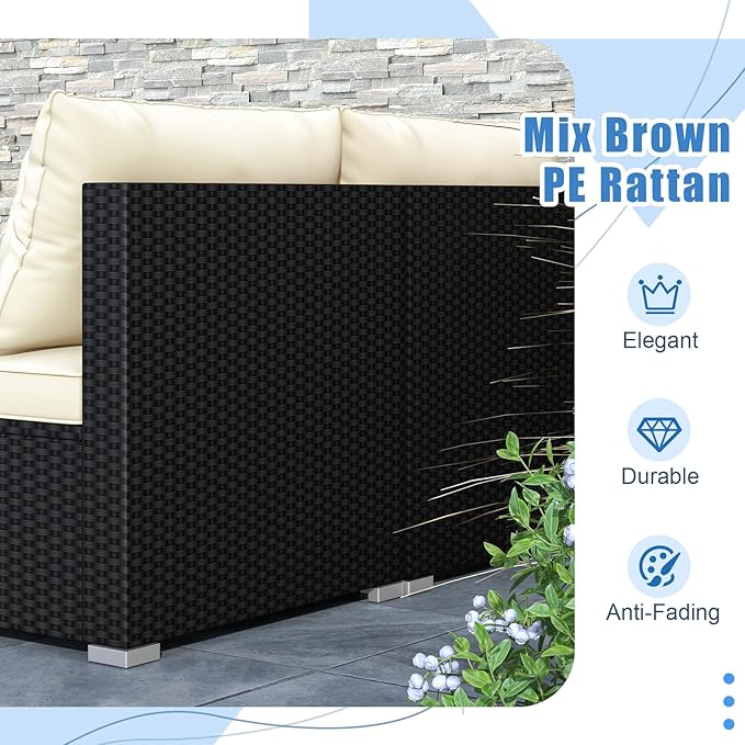 RELAX4LIFE 5-Piece Wicker Outdoor Furniture - PE Rattan Sectional Conversation Set w/4 Armless Sofas & Acacia Wood Coffee Table, Cushioned Patio Sofa Set for Garden Poolside Backyard Porch (Off White)