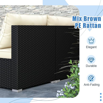 RELAX4LIFE 5-Piece Wicker Outdoor Furniture - PE Rattan Sectional Conversation Set w/4 Armless Sofas & Acacia Wood Coffee Table, Cushioned Patio Sofa Set for Garden Poolside Backyard Porch (Off White)