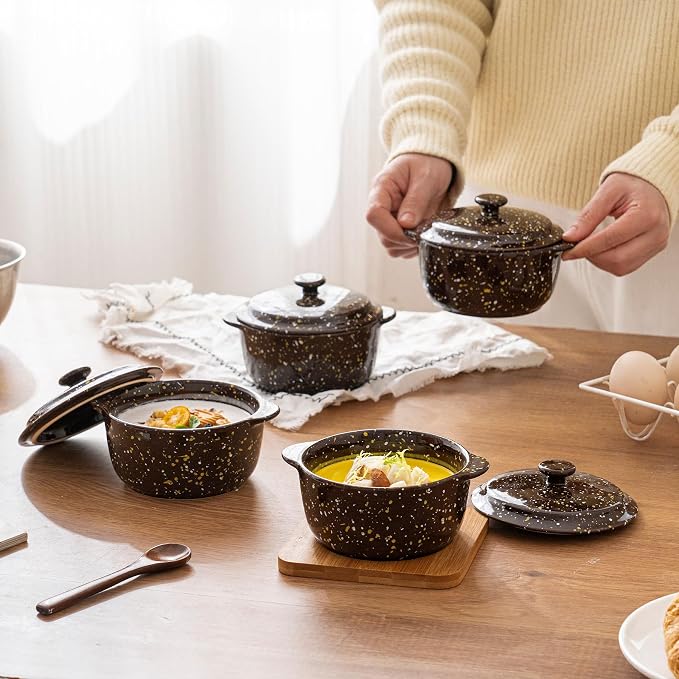 10 Oz Ceramic Mini Cocotte Set 4-Pack, Oven Safe Stoneware Casserole Dishes with Lids Handles, Individual Ramekins for Baking Soufflé Soup Cobbler,Brown