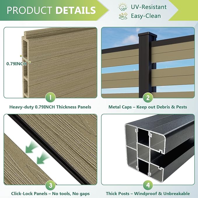 Mondaria Semi-Closed Privacy Fence Panels with 1 Post for Outside, 6ft(W) x 6ft(H), Wind Resistant Wood Plastic Composite Fencing Panels for Patio, Backyard, Garden and Pool, Ancient Wood