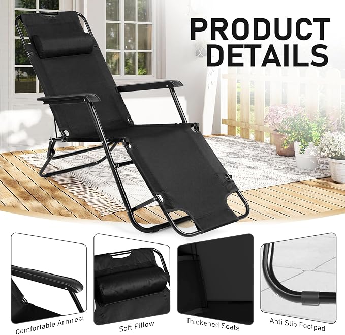 Outvita Folding Chaise Lounge Chair, Outdoor Adjustable Recliner Chair with Pillow for Camping, Beach, Poolside, Garden, Backyard, Lawn