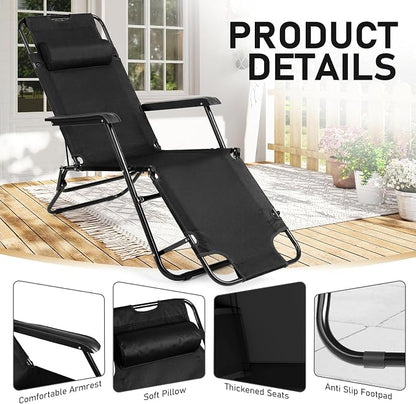 Outvita Folding Chaise Lounge Chair, Outdoor Adjustable Recliner Chair with Pillow for Camping, Beach, Poolside, Garden, Backyard, Lawn