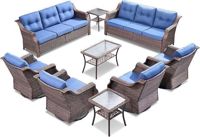 Outdoor Patio Furniture Set-9 Piece High Back Outdoor Furniture Set Sectional Sofa with Wicker Swivel Rocker Patio Chairs,Thick Cushions Ottomans for Porch Balcony Patio Deck Brown/Blue