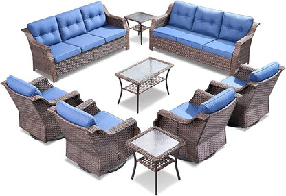 Outdoor Patio Furniture Set-9 Piece High Back Outdoor Furniture Set Sectional Sofa with Wicker Swivel Rocker Patio Chairs,Thick Cushions Ottomans for Porch Balcony Patio Deck Brown/Blue