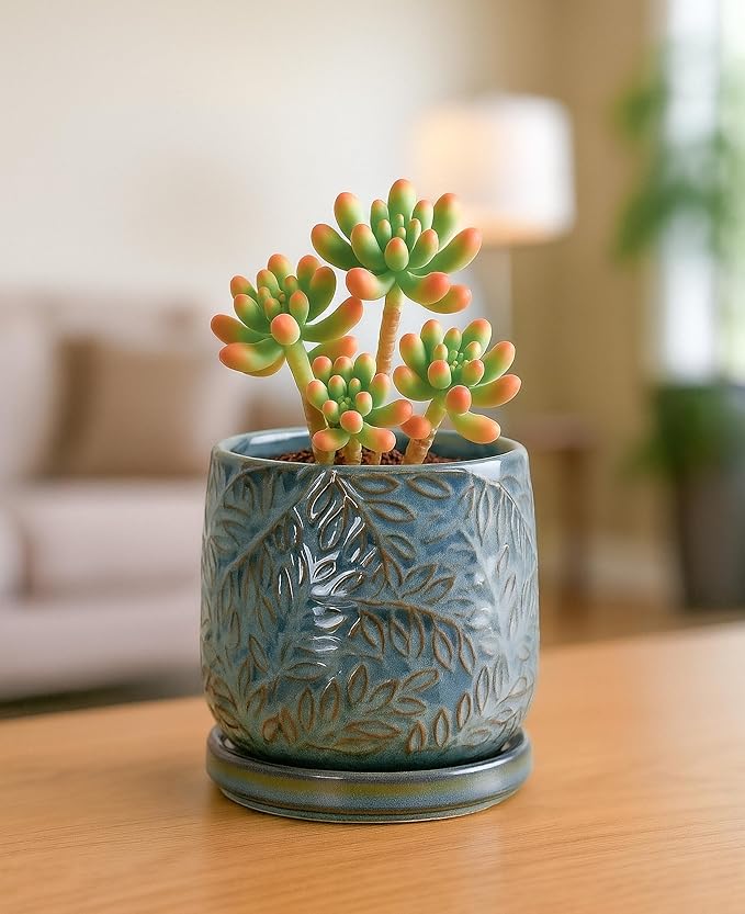 D'vine Dev 4 Inch Embossed Leaves Stoneware Planter Pot with Drainage Hole and Saucer, Ocean Teal, 27-A-Z-8