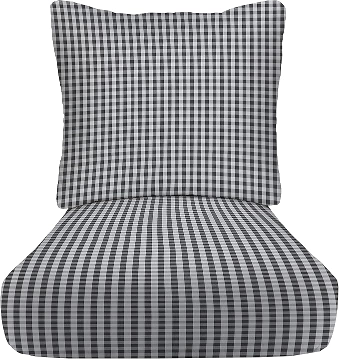 RSH DECOR: Deep Seating Cushion with Pillow Back | 25” x 25” Seat | Water and Fade-Resistant Spun Fabric | Outdoor Chair Cushion Set for Patio Furniture | Dawson Pewter Black Plaid