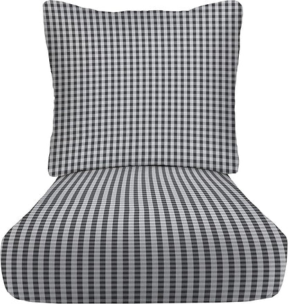 RSH DECOR: Deep Seating Cushion with Pillow Back | 25” x 25” Seat | Water and Fade-Resistant Spun Fabric | Outdoor Chair Cushion Set for Patio Furniture | Dawson Pewter Black Plaid