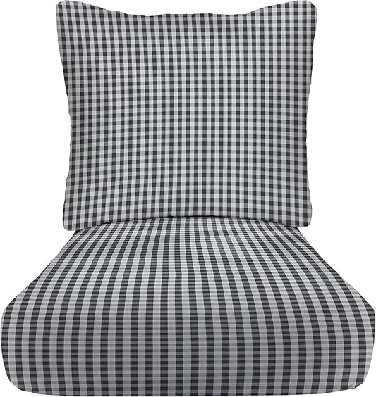 RSH DECOR: Deep Seating Cushion with Pillow Back | 25” x 25” Seat | Water and Fade-Resistant Spun Fabric | Outdoor Chair Cushion Set for Patio Furniture | Dawson Pewter Black Plaid