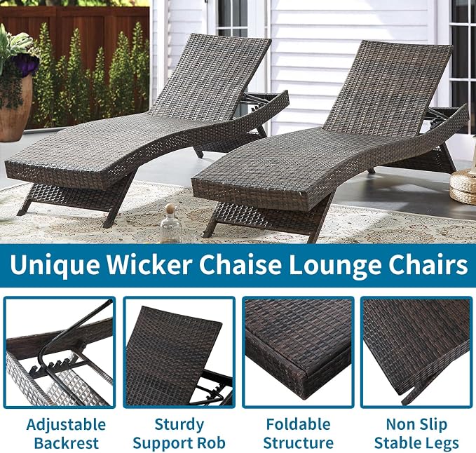 PE Rattan Adjustable Backrest Chaise Lounge Set 2 with 1 Side Table, Outdoor Pool Recliner Patio Chairs Lounge Chair Set 2 with 1 Coffee Table for Outside Beach Poolside Sunbathing