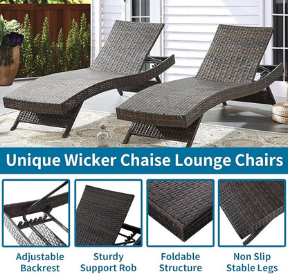 PE Rattan Adjustable Backrest Chaise Lounge Set 4 with 1 Side Table, Outdoor Pool Recliner Patio Chairs Lounge Chair Set 4 with 1 Coffee Table for Outside Beach Poolside Sunbathing