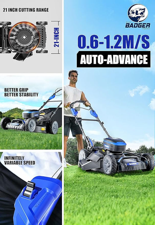 Wild Badger Power 40V 21″ Cordless Lawn Mower Brushless, 6,534 sq ft/0.15 ac, 2×4.0Ah Batteries & Fast Charger, 7-Position Heights,for Medium-to-Large Lawns