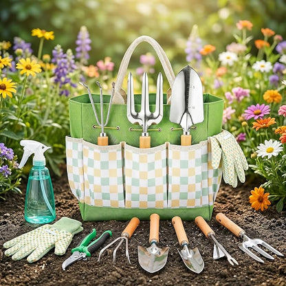 Garden Tool Set, Garden Tools 9-Piece Heavy Duty with Durable Tote Bag, Ergonomic Gardening Tools, Ideal Gardening Gifts for Women, Rust-Resistant Gardening Kit
