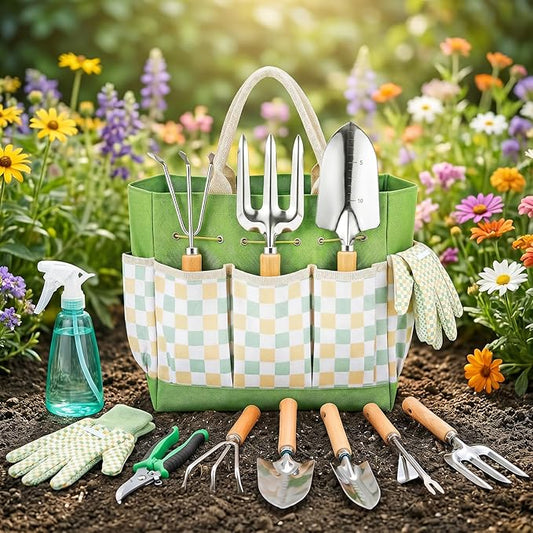 Garden Tool Set, Garden Tools 9-Piece Heavy Duty with Durable Tote Bag, Ergonomic Gardening Tools, Ideal Gardening Gifts for Women, Rust-Resistant Gardening Kit
