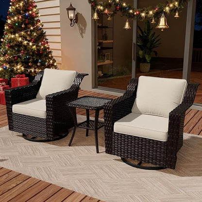 VistaVibe 3 Pieces Outdoor Patio Conversation Furniture Set - 360 Degree Swivel Glider Rocker Chairs | Wicker End Table, Washable Cushions, Hand-Woven PE Rattan, Lawn, Sunroom (Brown/Beige)