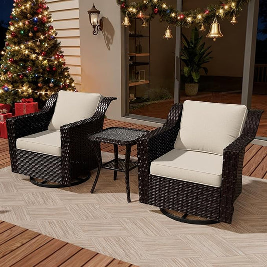 VistaVibe 3 Pieces Outdoor Patio Conversation Furniture Set - 360 Degree Swivel Glider Rocker Chairs | Wicker End Table, Washable Cushions, Hand-Woven PE Rattan, Lawn, Sunroom (Brown/Beige)